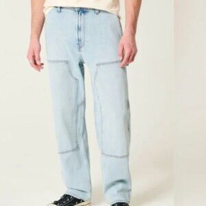 Hollister Jeans Men's Blue Carpenter Double Knee Loose Fit Lightwash Work Wear